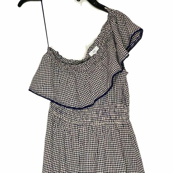 NSR Blue Gingham One Shoulder Dress Angled Ruffle Hem Women's Size Medium - Picture 3 of 8